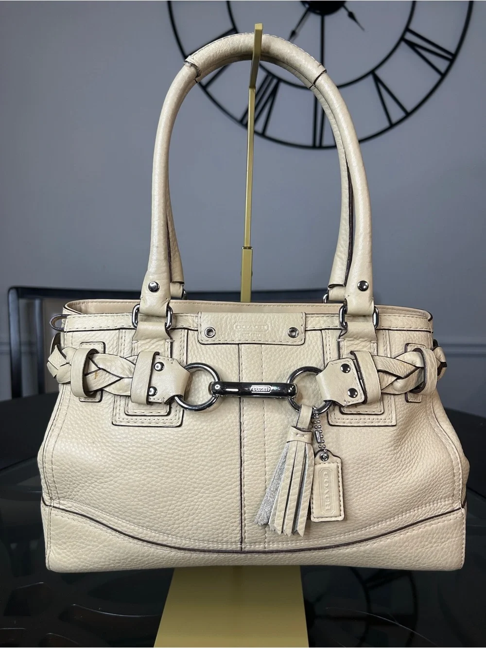 Y2K Coach Hamptons Leather Braided Horsebit Satchel Cream Beige Shoulder Bag